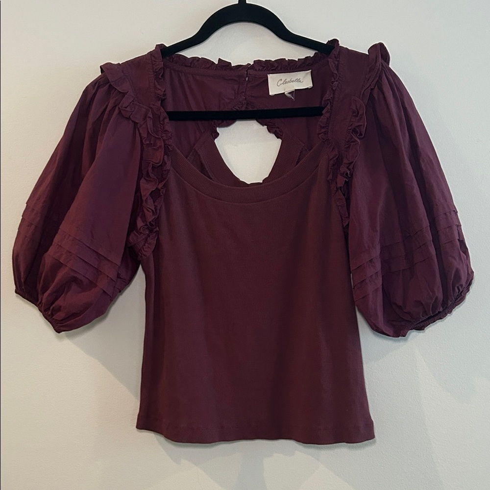 Cleobella Lois Short Puff Poplin Sleeve Ruffle Blouse in Plum, Size M